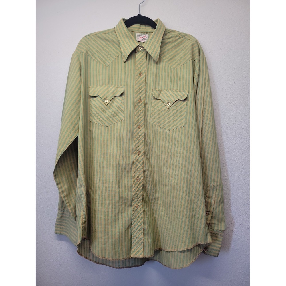 Vintage Tem Tex Shirt Mens XL Green Plaid Button Up Long Tail Western Cowboy